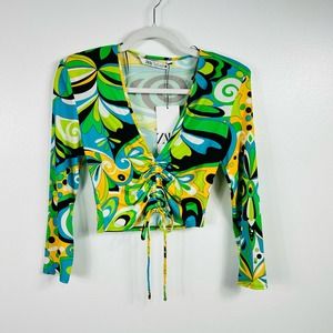 NEW Zara Green Yellow Swirl Y2K Style Slinky Blouse Size Small